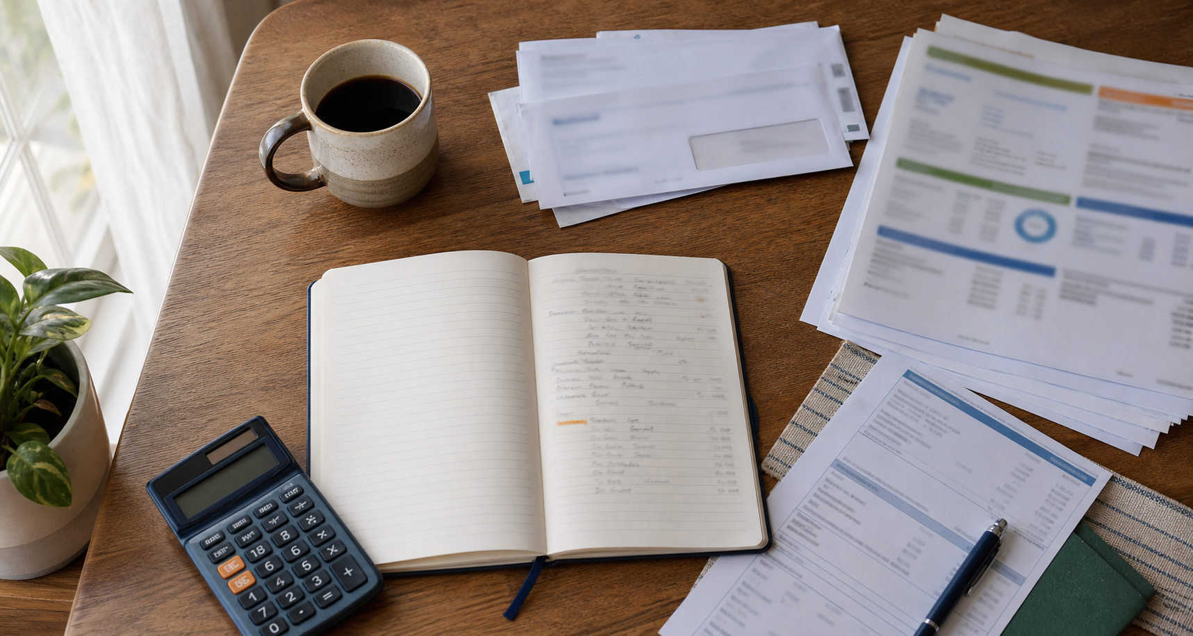 Notebook, calculator, and bills arranged on a kitchen table